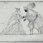 La célèbre soprano Francesca Cuzzoni et le castrat Nicolò Grimaldi (Nicolino), caricature d'Antonio Maria - À une époque où l'opéra était l'art le plus populaire, ces artistes étaient d'immenses vedettes. Zanetti se moque gentiment de leurs manies ou de leur physique, déformant leurs silhouettes sur scène. C'est l'équivalent des caricatures de stars de cinéma ou de sport aujourd'hui.