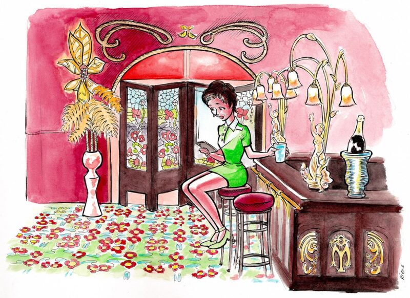 Dessin du bar de Maxim's à Paris avec Tara King en robe Pierre Cardin, par Sébastien Rieu