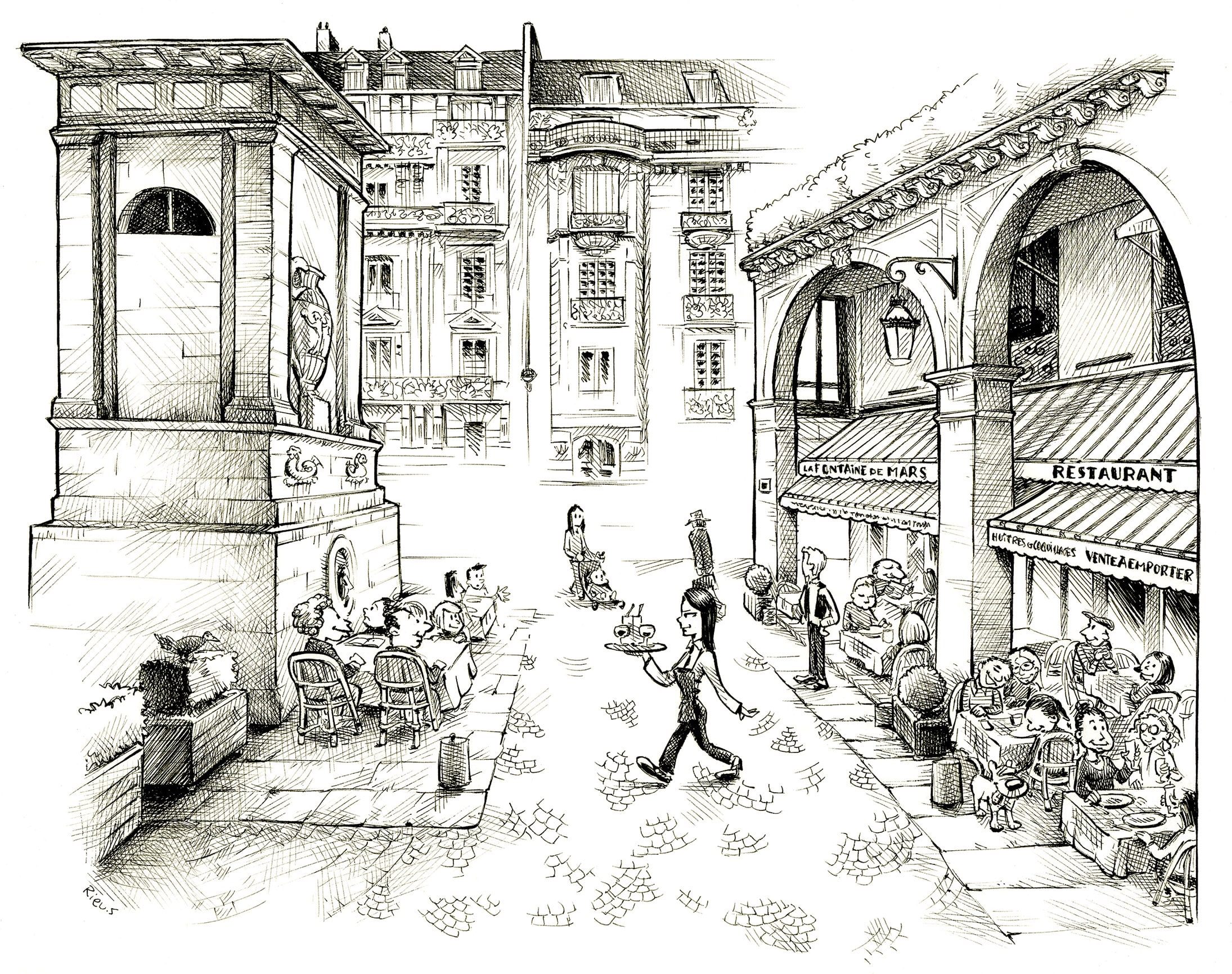 La Fontaine de Mars Paris — encre de Chine Sébastien Rieu