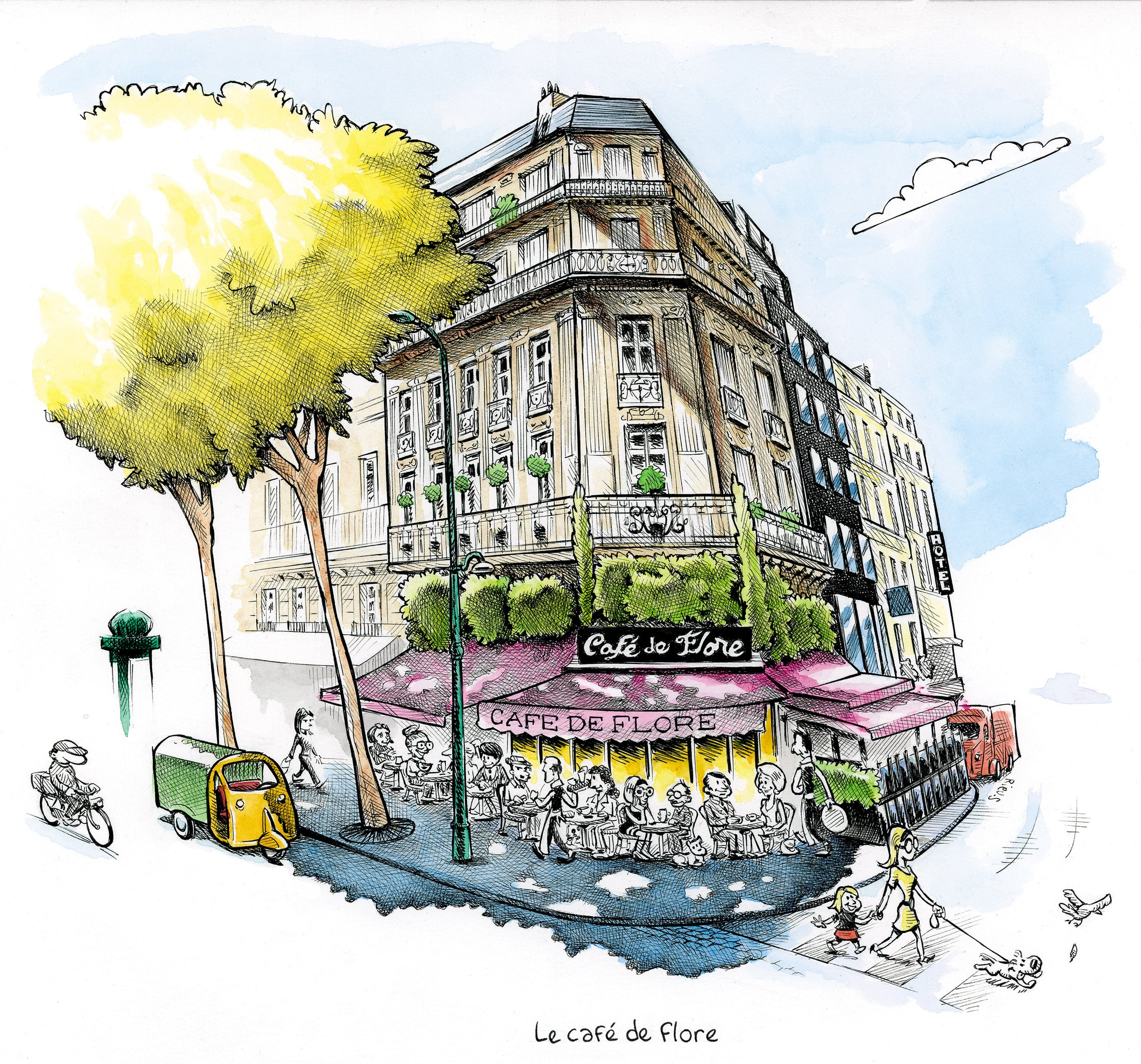 Café de Flore Paris — aquarelle couleur Sébastien Rieu