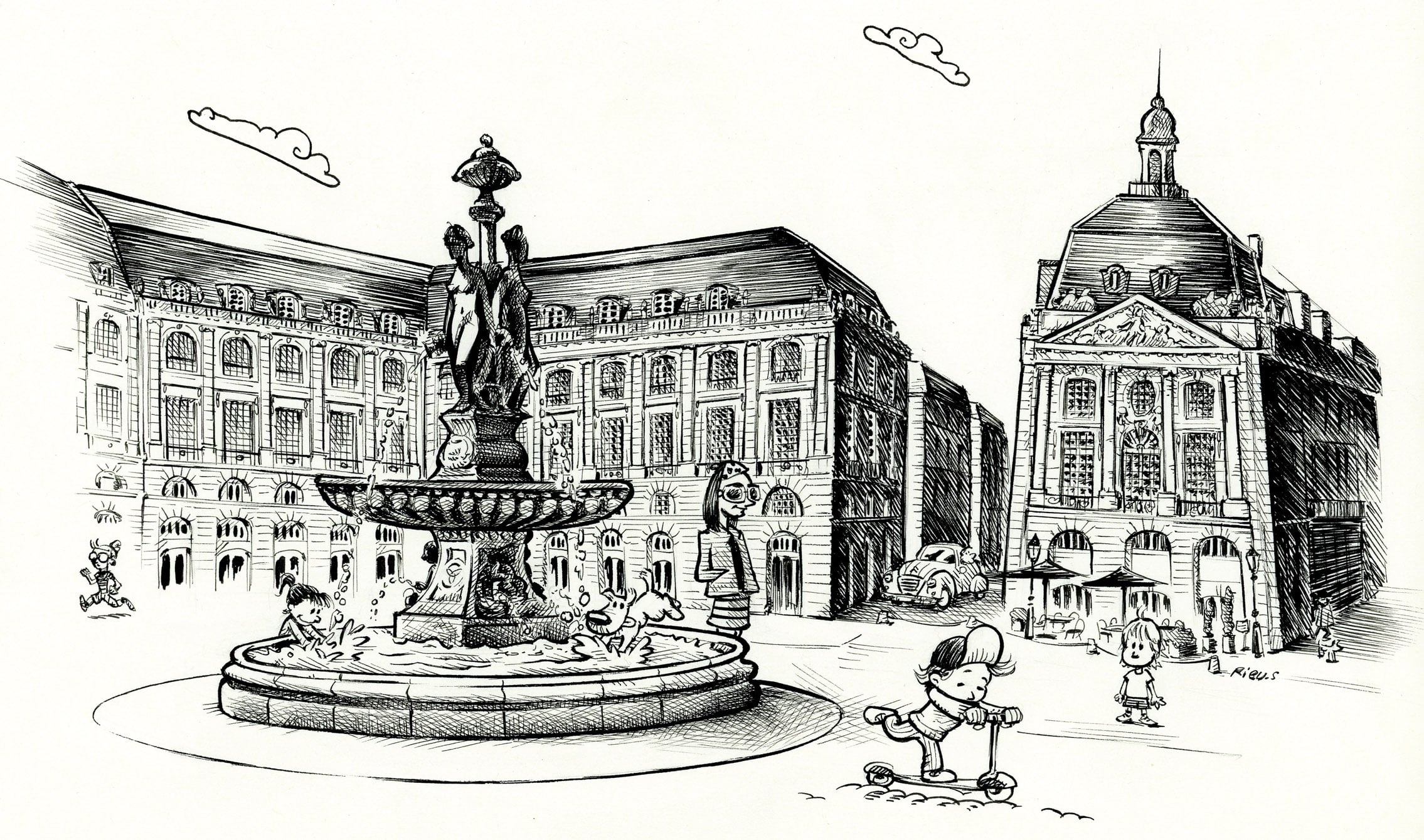 Place de la Bourse Bordeaux — aquarelle Sébastien Rieu