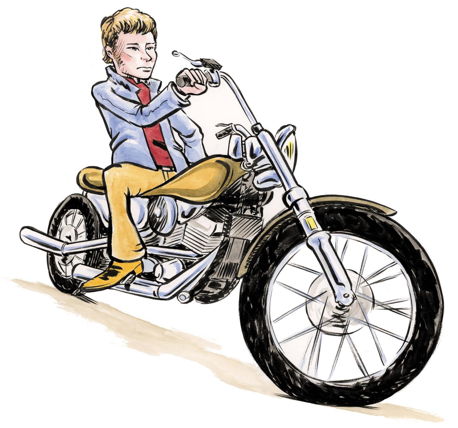 Caricature d'un motard sur une Harley-Davidson, hommage illustré