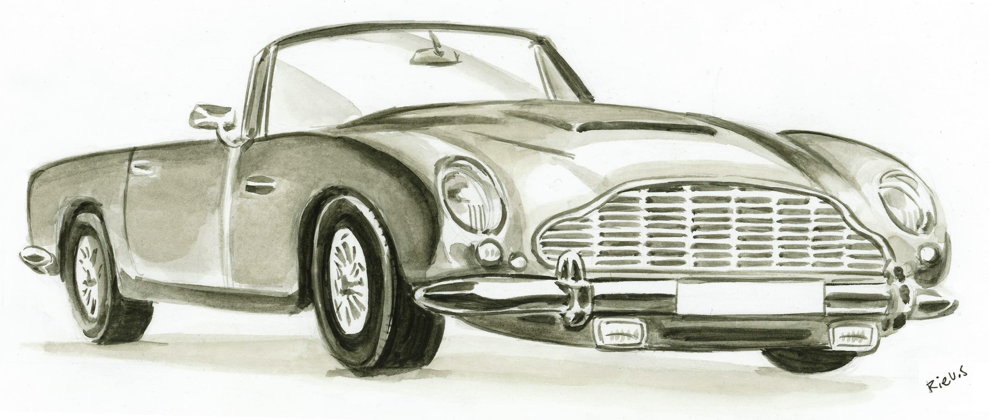 Portrait aquarelle d'une Aston Martin DB5, dessin original de Sébastien Rieu