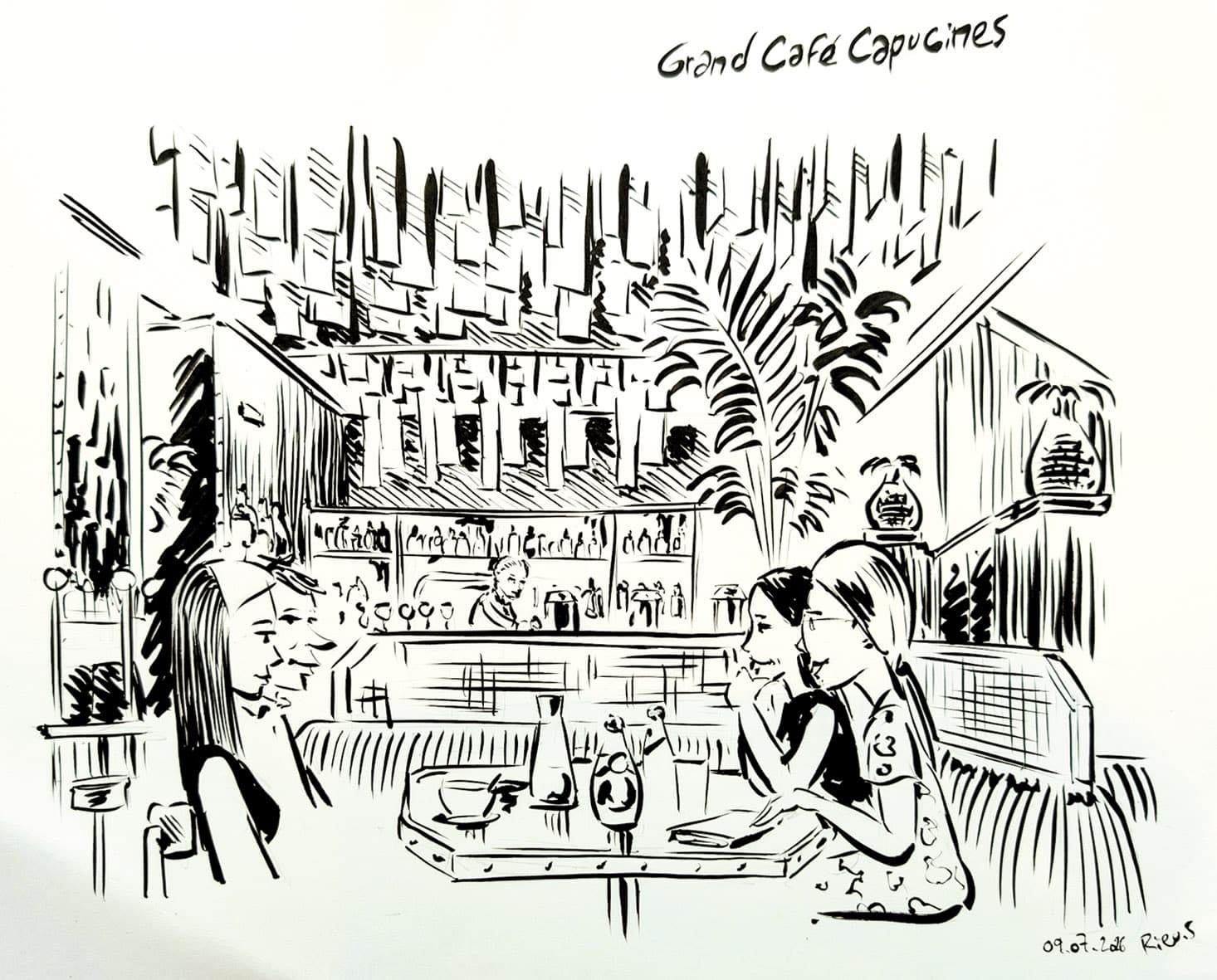 Café Capucines boulevard des Capucines Paris — croquis sur le vif encre de Chine, Sébastien Rieu