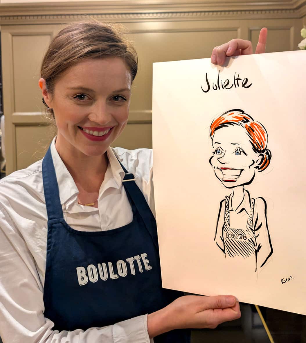 Portrait illustré en couleur réalisé en direct lors d'une soirée parisienne