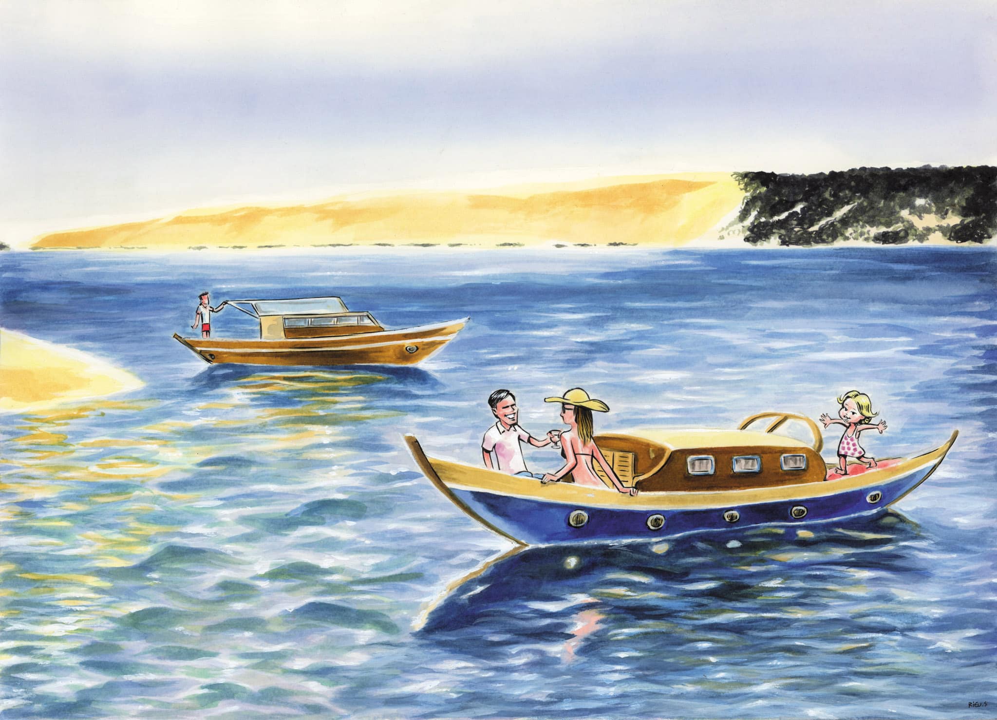Dessin de la dune du Pyla et de pinasses sur le Bassin d'Arcachon, par Sébastien Rieu