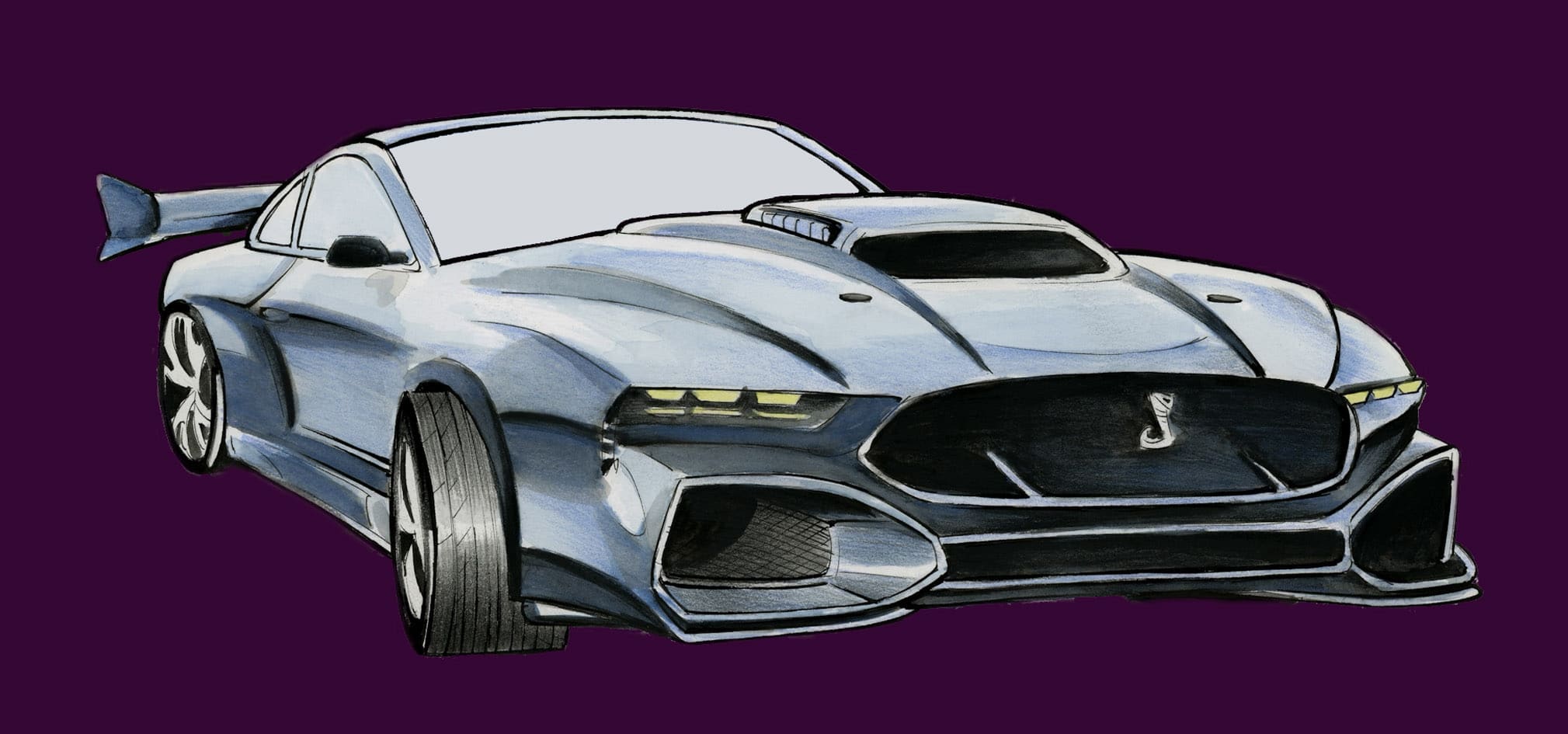 Caricature aquarelle d'une Ford Mustang Shelby GT500, dessin original de Sébastien Rieu