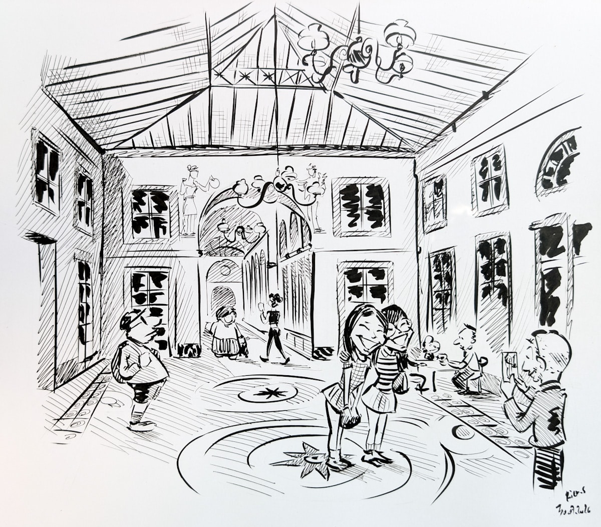 Galerie Vivienne passage couvert Paris — croquis sur le vif encre de Chine, Sébastien Rieu