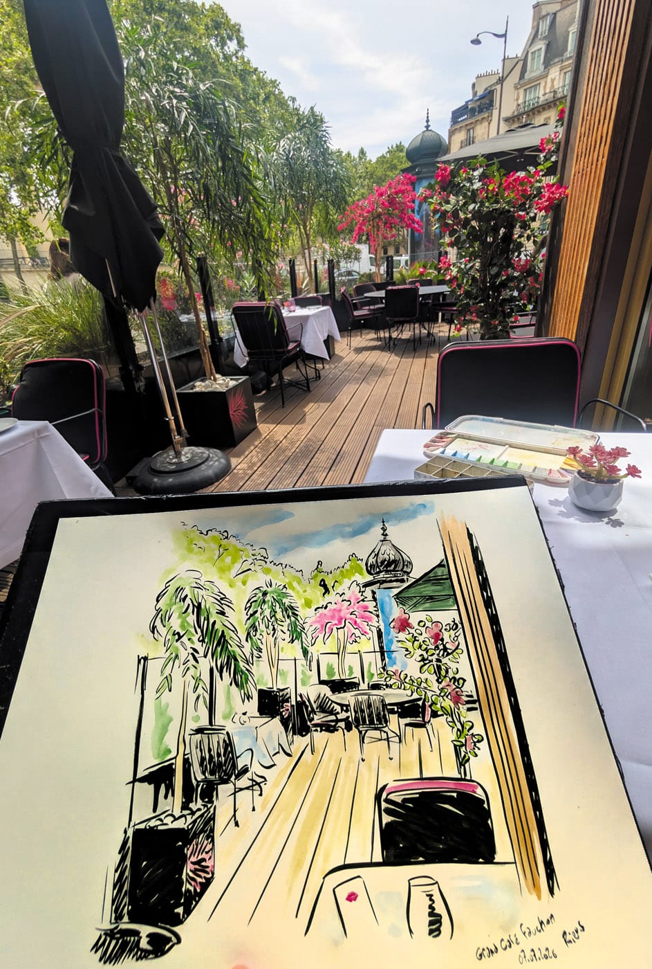 Le Grand Café Fauchon place de la Madeleine Paris — croquis sur le vif en couleurs, Sébastien Rieu