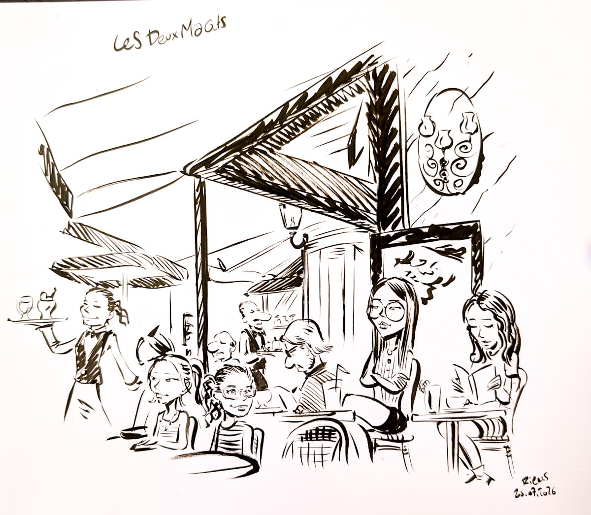 Les Deux Magots Paris — croquis urban sketching à l'encre de Chine sur le vif par Sébastien Rieu
