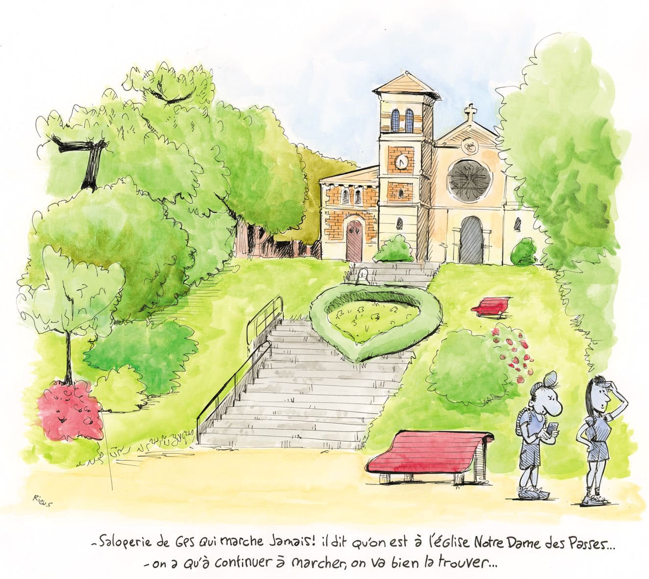 Dessin humoristique de la chapelle Notre-Dame des Passes, Arcachon, par Sébastien Rieu