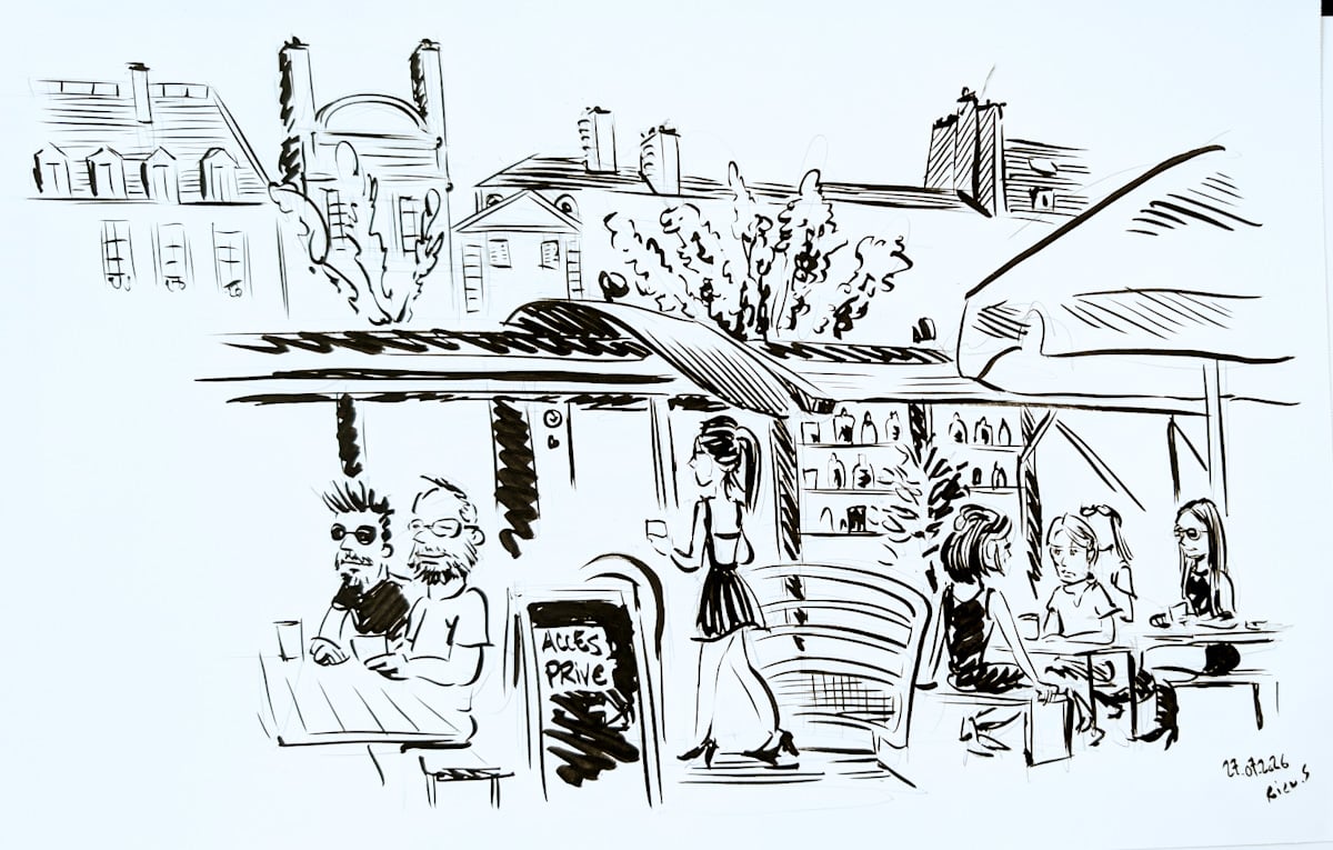 Péniche sur la Seine à Paris — croquis sur le vif encre de Chine, Sébastien Rieu