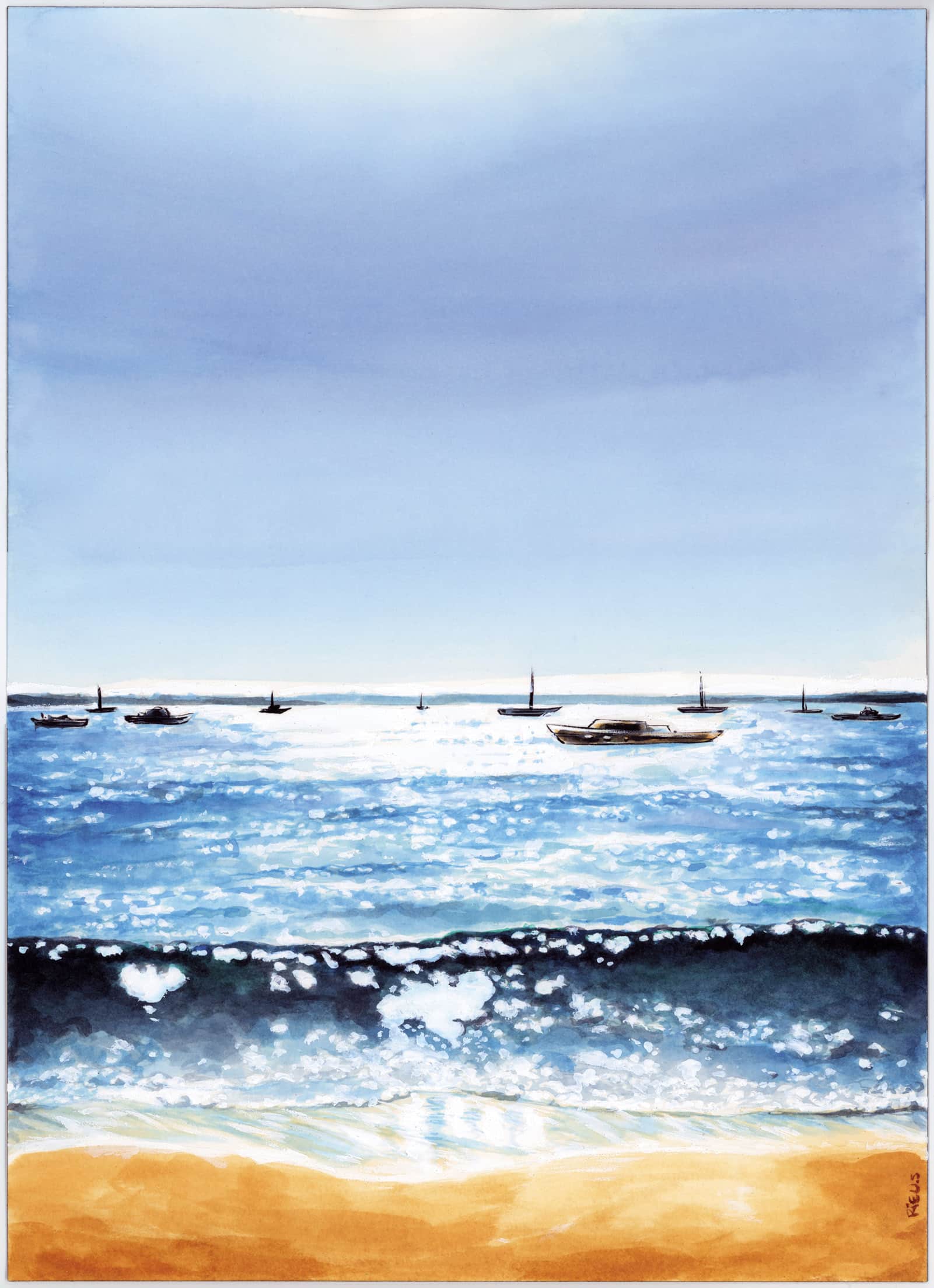 Aquarelle de la plage du Moulleau à Arcachon, par Sébastien Rieu