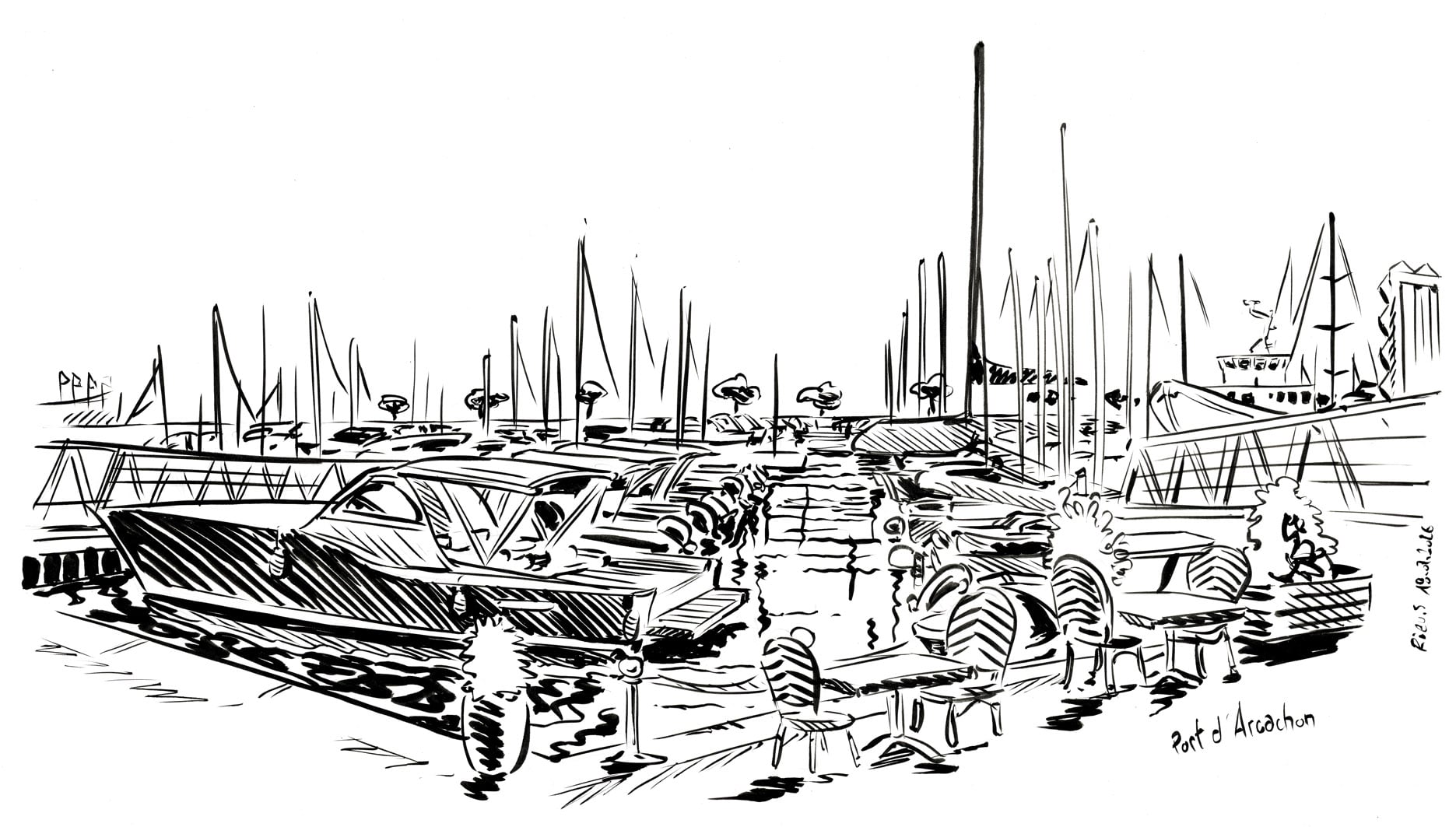 Dessin du port d'Arcachon par Sébastien Rieu