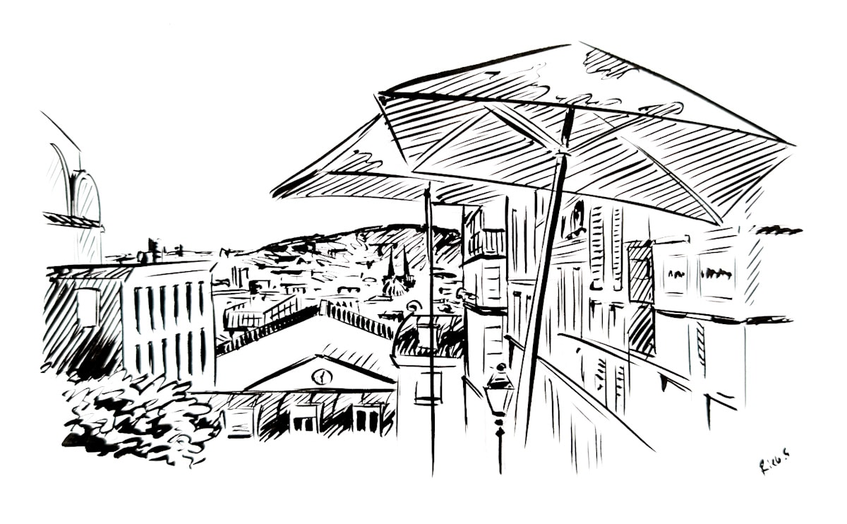 Le Relais de la Butte Montmartre place Émile-Goudeau — croquis sur le vif encre de Chine, Sébastien Rieu