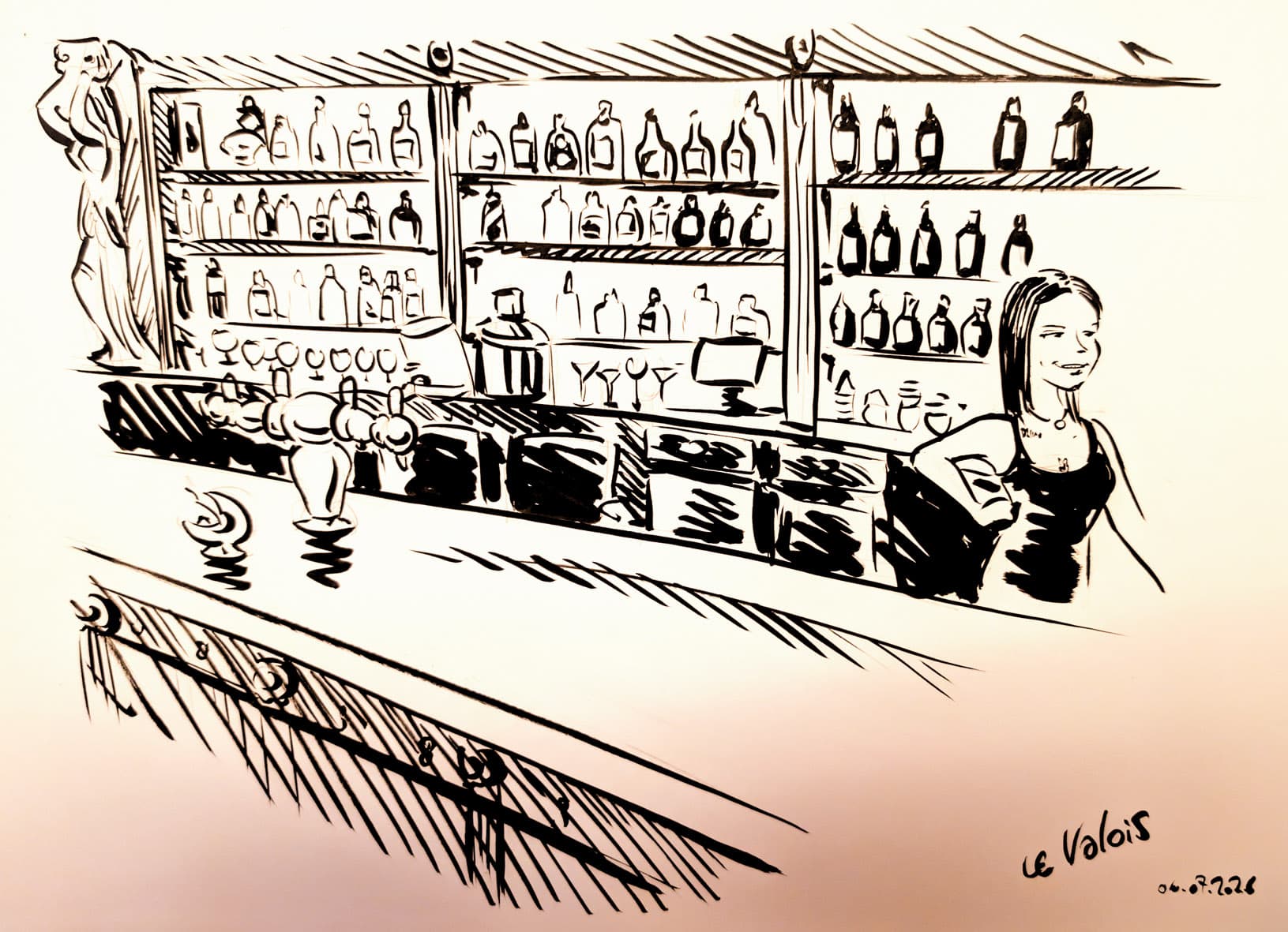 Le Valois place Rio de Janeiro Paris 8e — croquis sur le vif encre de Chine, Sébastien Rieu