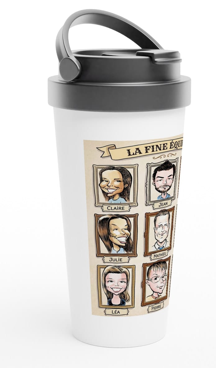 Personalisierter Thermobecher mit handgezeichneten Karikaturen