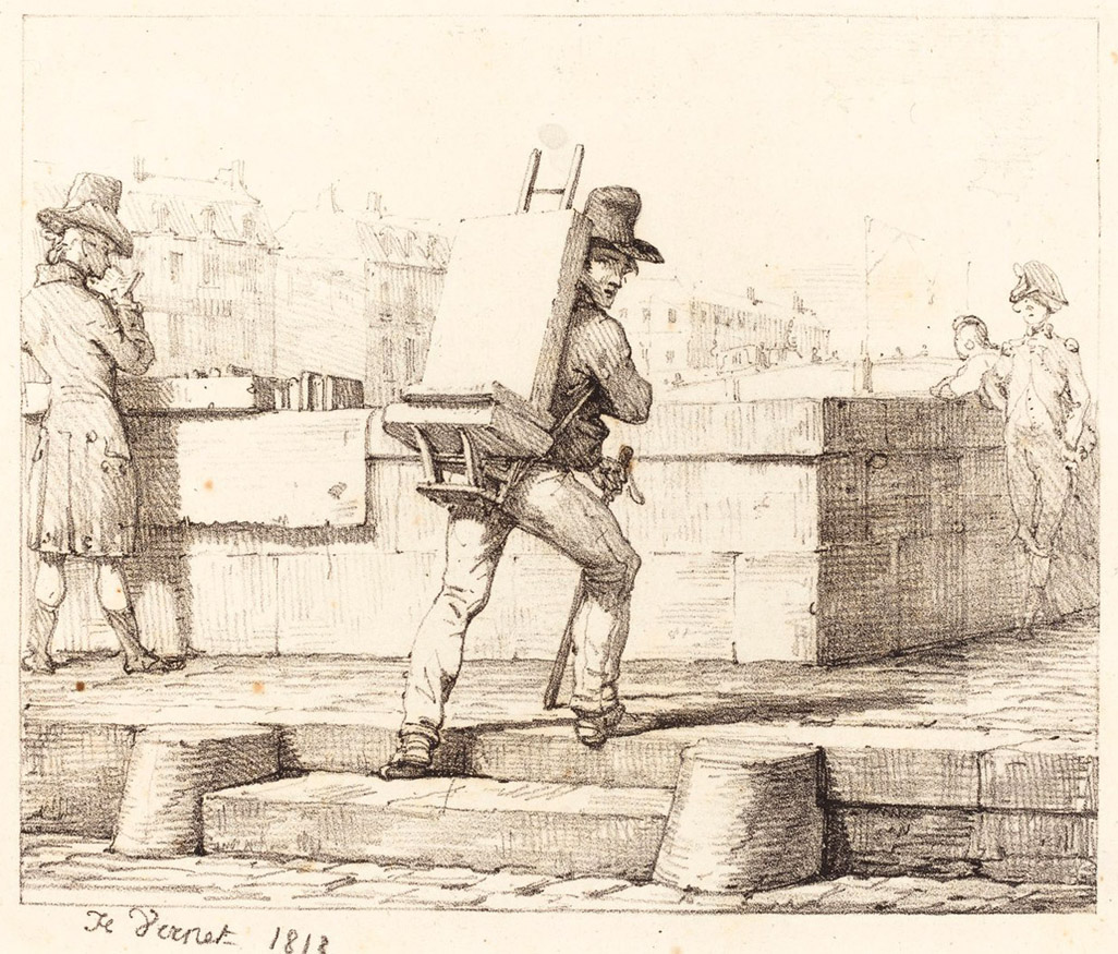 Lithographie de 1818 montrant un artiste transportant une pierre lithographique