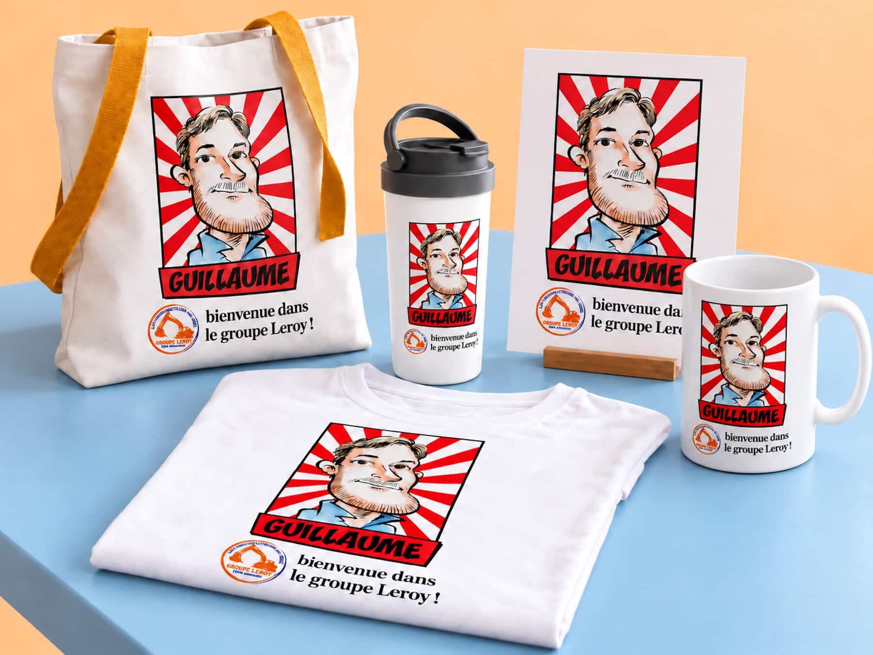 Ensemble de la Welcome Box entreprise avec tote bag, mug, tumbler, tee-shirt et poster