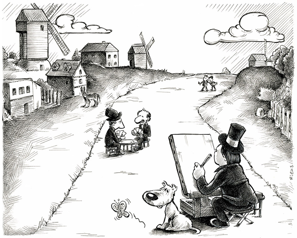 Illustration humoristique de Sébastien Rieu : un dessinateur au travail avec Toutou à ses pieds