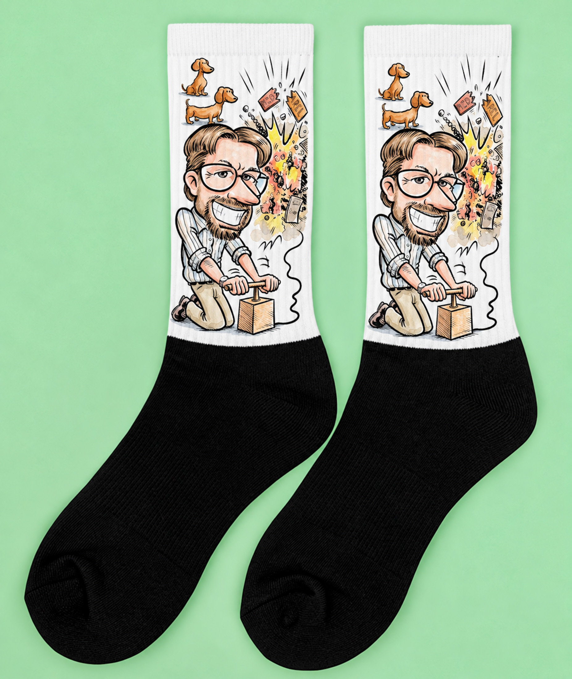 La même caricature imprimée sur une paire de chaussettes, cadeau original pour un collègue