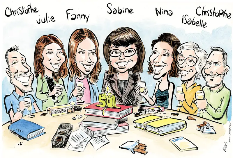 Caricature originale de sept collègues réunis autour d’une table, dessinée par Sébastien Rieu