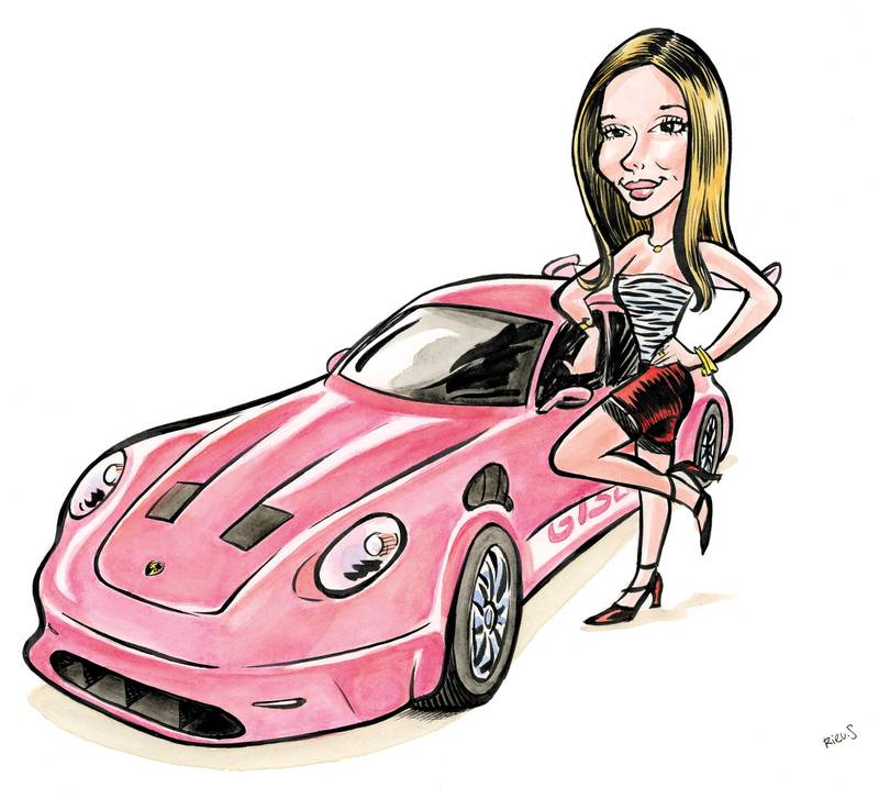 Aquarelle originale de Laura et sa Porsche rose, réalisée par Sébastien Rieu