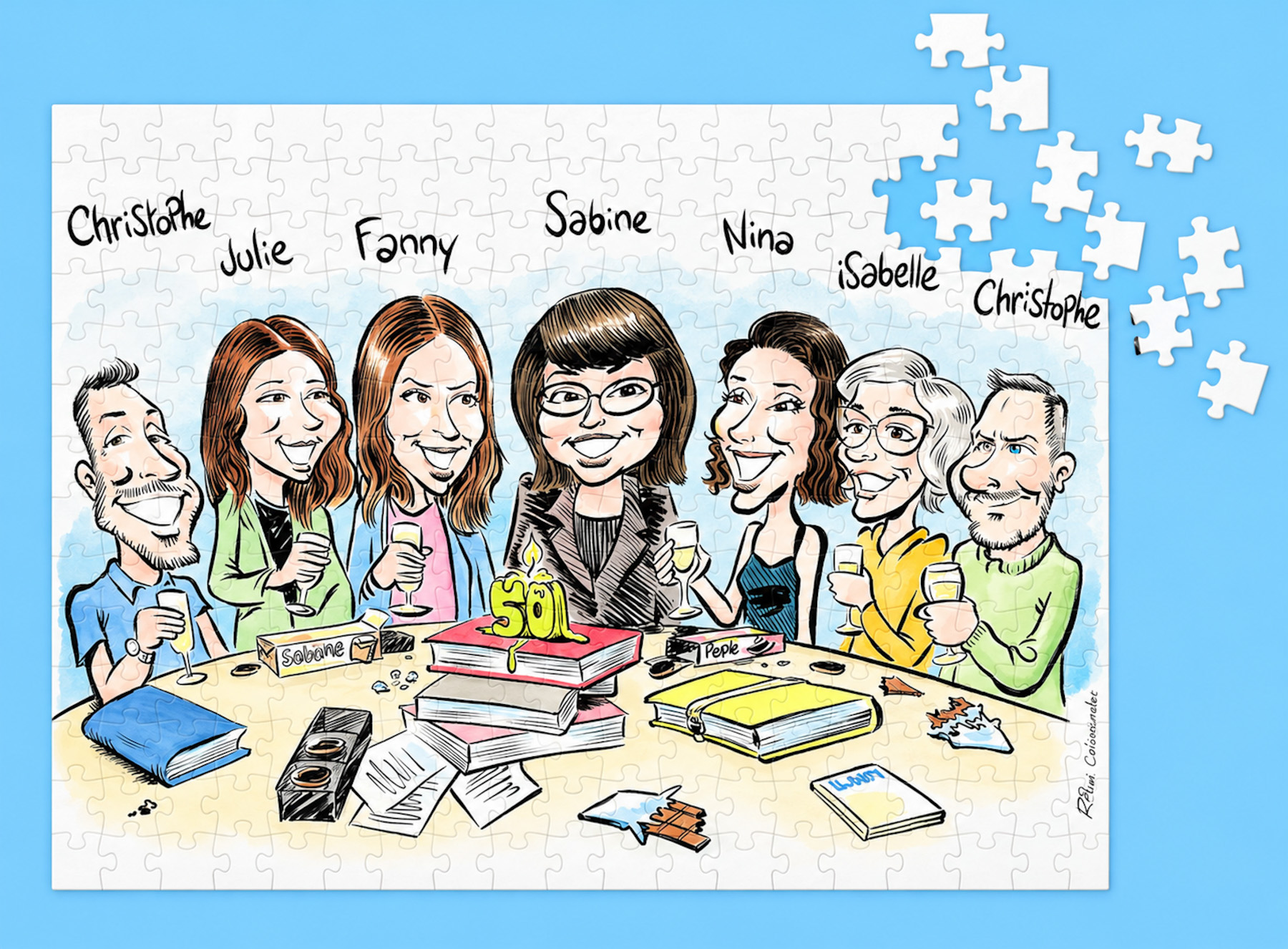 La même caricature des sept collègues reproduite sur un puzzle personnalisé