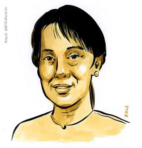 Portrait aquarelle sépia de Aung San Suu Kyi — Chef de l'opposition — 1945– · Sébastien Rieu