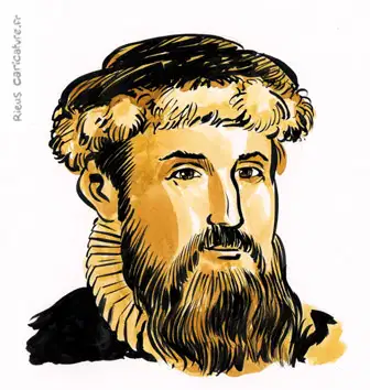 Portrait aquarelle sépia de Gutenberg — Inventeur de l'imprimerie — ~1400–1468 · Sébastien Rieu
