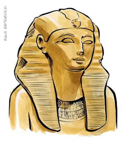 Portrait aquarelle sépia de Hatchepsout — Pharaonne — ~1507–1458 av. J.-C. · Sébastien Rieu