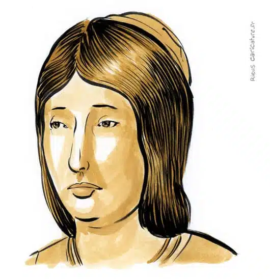 Portrait aquarelle sépia de Isabelle Ire — Reine de Castille — 1451–1504 · Sébastien Rieu