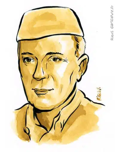 Portrait aquarelle sépia de Jawaharlal Nehru — Premier ministre — 1889–1964 · Sébastien Rieu