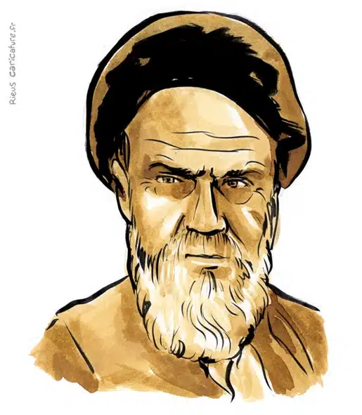 Portrait aquarelle sépia de Khomeini — Guide suprême — 1902–1989 · Sébastien Rieu