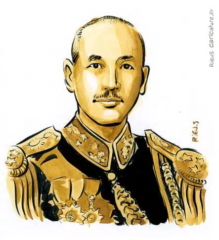 Portrait aquarelle sépia de Tchang Kaï-chek — Président — 1887–1975 · Sébastien Rieu