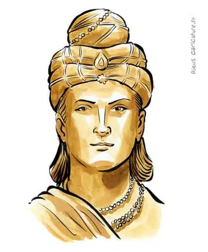 Portrait aquarelle sépia de Ashoka — Empereur Maurya — ~304–232 av. J.-C. · Sébastien Rieu