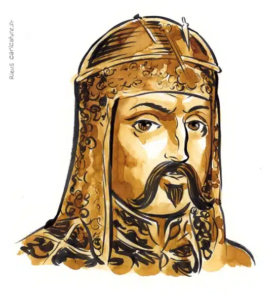 Portrait aquarelle sépia de Attila — Chef des Huns — 406–453 · Sébastien Rieu