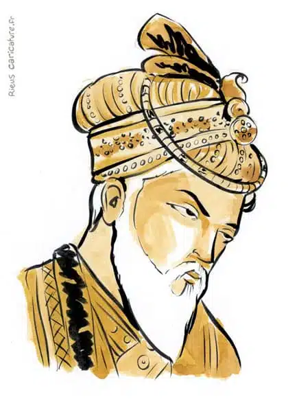Portrait aquarelle sépia de Aurangzeb — Empereur moghol — 1618–1707 · Sébastien Rieu