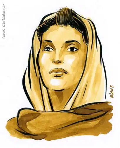 Portrait aquarelle sépia de Benazir Bhutto — Première ministre — 1953–2007 · Sébastien Rieu