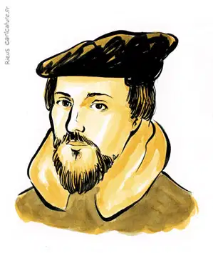 Portrait aquarelle sépia de Jean Calvin — Réformateur — 1509–1564 · Sébastien Rieu