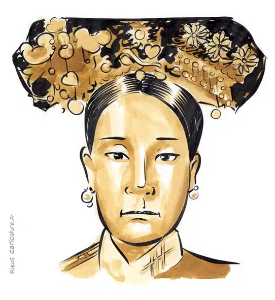 Portrait aquarelle sépia de Impératrice Cixi — Régente — 1835–1908 · Sébastien Rieu