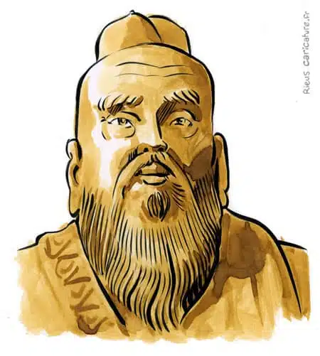 Portrait aquarelle sépia de Confucius — Philosophe — 551–479 av. J.-C. · Sébastien Rieu