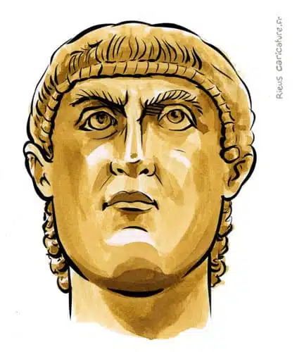 Portrait aquarelle sépia de Constantin Ier — Empereur — 272–337 · Sébastien Rieu