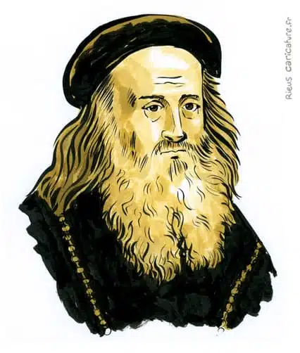 Portrait aquarelle sépia de Léonard de Vinci — Génie universel — 1452–1519 · Sébastien Rieu