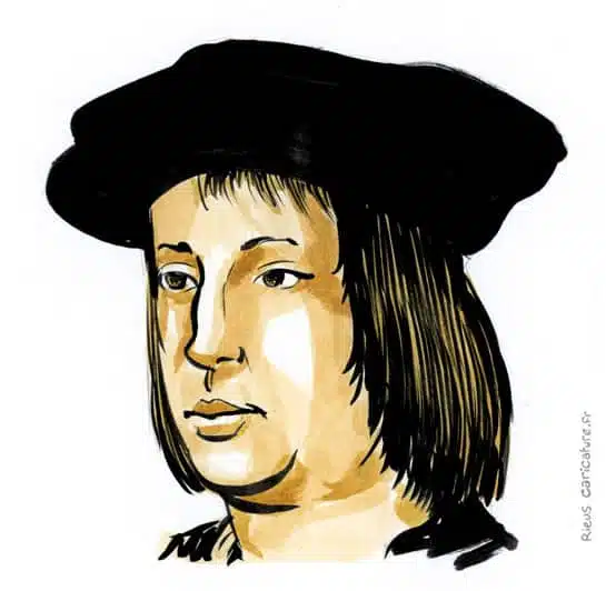 Portrait aquarelle sépia de Ferdinand V — Roi d'Espagne — 1452–1516 · Sébastien Rieu