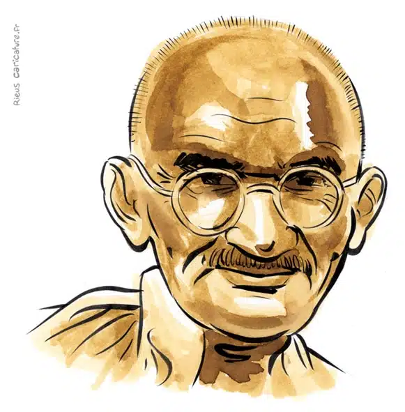 Portrait aquarelle sépia de Mahatma Gandhi — Père de la nation — 1869–1948 · Sébastien Rieu