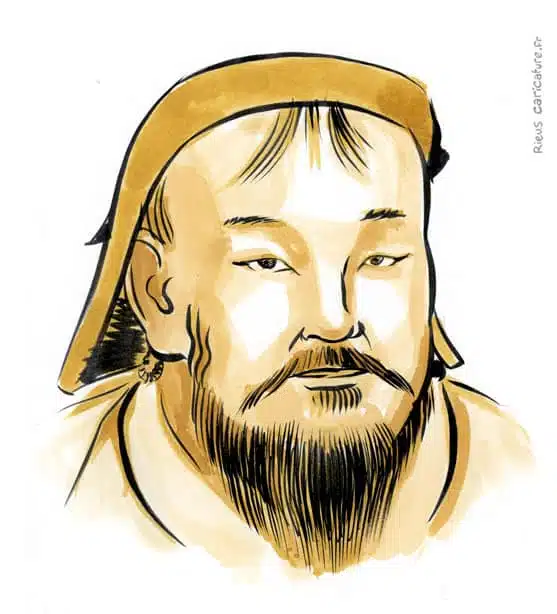 Portrait aquarelle sépia de Gengis Khan — Fondateur de l'Empire mongol — 1162–1227 · Sébastien Rieu