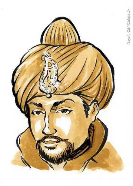 Portrait aquarelle sépia de Ibrahim Lodi — Sultan de Delhi — ~1480–1526 · Sébastien Rieu