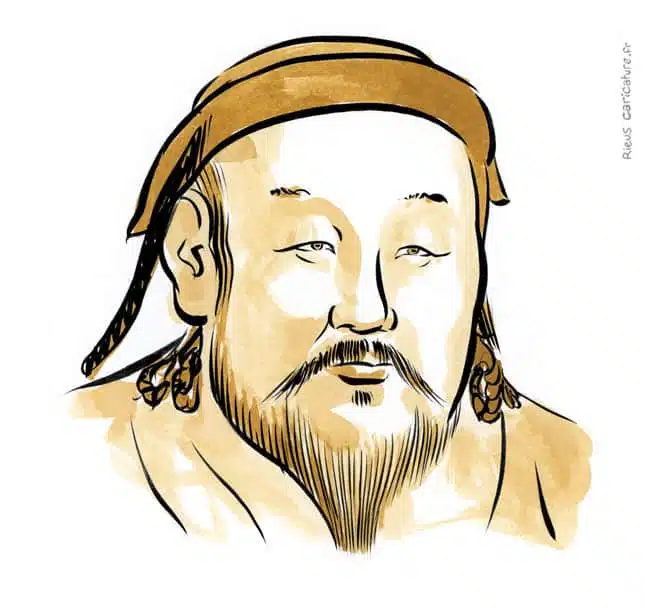 Portrait aquarelle sépia de Kubilai Khan — Fondateur dyn. Yuan — 1215–1294 · Sébastien Rieu