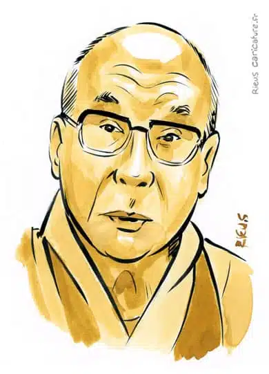 Portrait aquarelle sépia de Dalaï Lama — Chef spirituel — 1935– · Sébastien Rieu